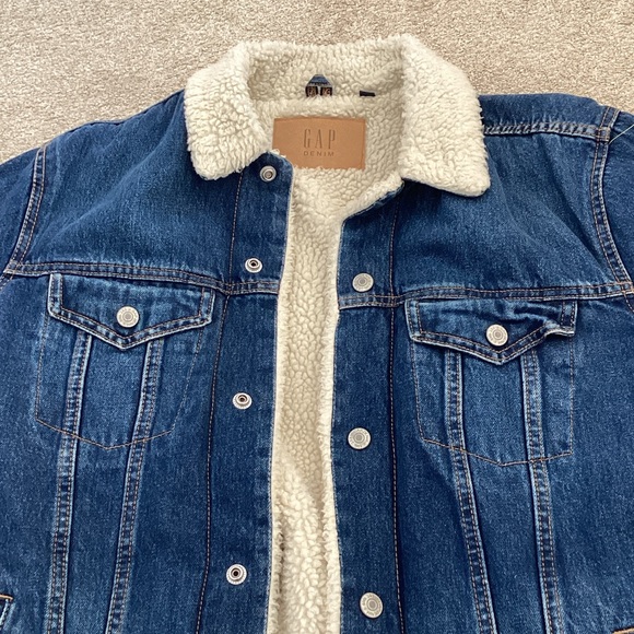 GAP Dark Blue Denim Jacket with Cream Sherpa Collar - Picture 3 of 4